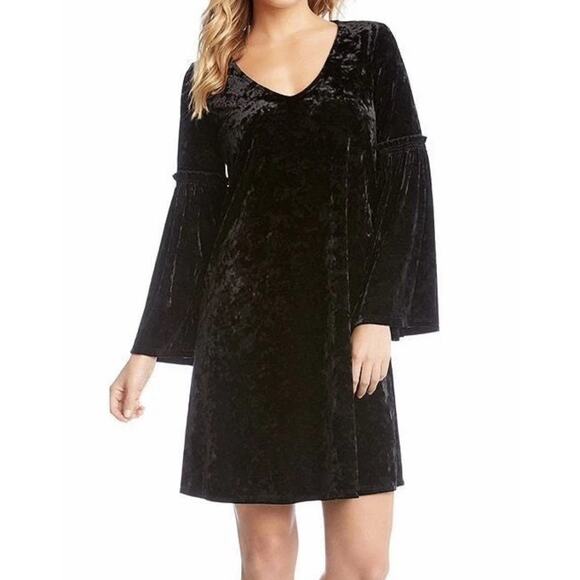 Karen Kane Plus Size 2X Stretch Teal Velvet Bell Sleeve Swing ALine Shift Dress - Picture 5 of 5